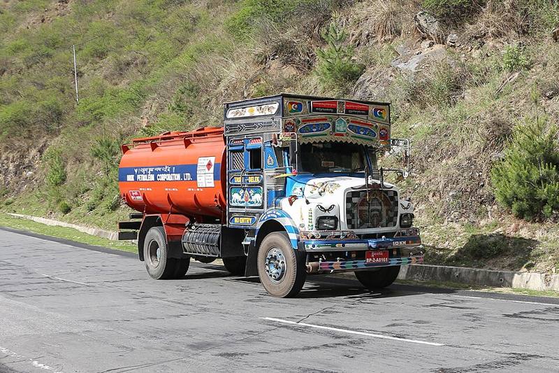 A tank truck on a mountain highway