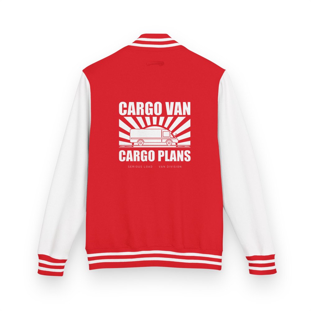 Serious Load Cargo Van, Cargo Plans Varsity Jacket in Fire Red/Arctic White