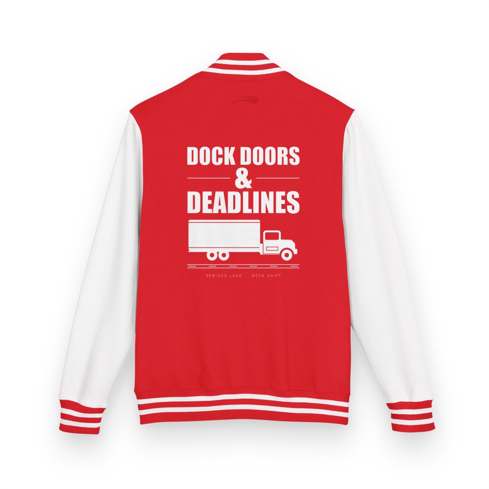 Serious Load Dock Doors & Deadlines Varsity Jacket in Fire Red/Arctic White