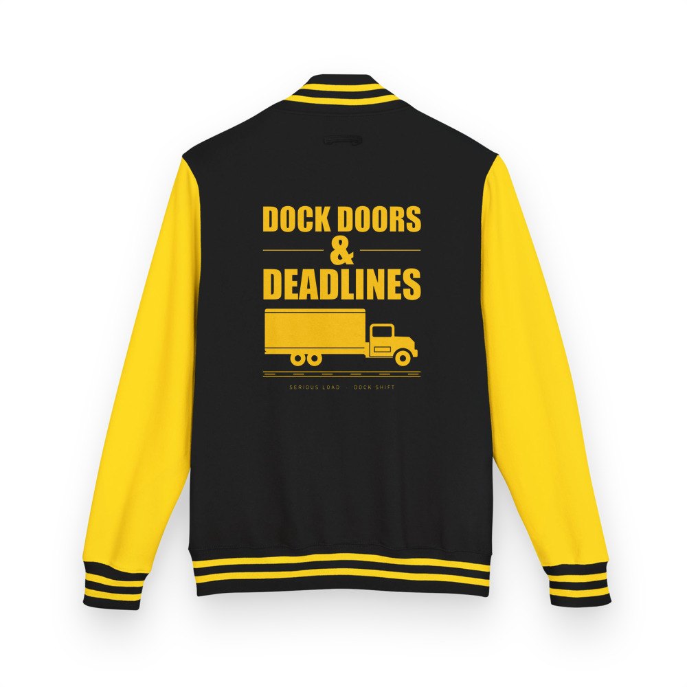 Serious Load Dock Doors & Deadlines Varsity Jacket in Jet Black/Sun Yellow